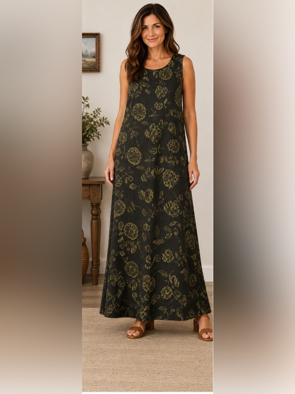 Josephine Chaus Women Black Tan Floral Stripe Sleeveless A-Line Maxi Dress Sz 14